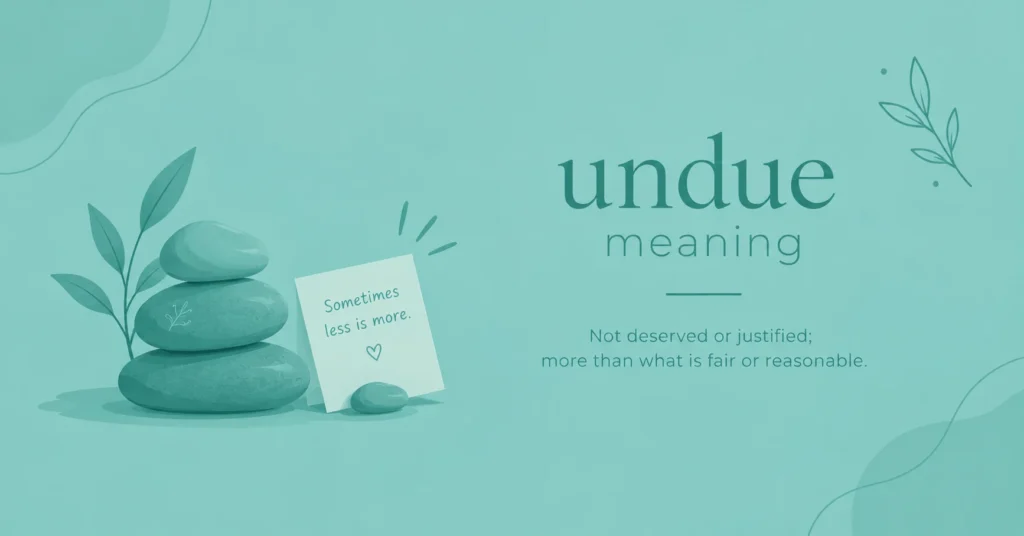 Undue meaning infographic with stacked stones, green leaves, and a simple definition on a teal background.