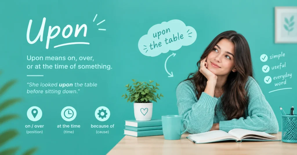 Upon meaning infographic showing its definition, example sentence, and common uses in a teal educational design.