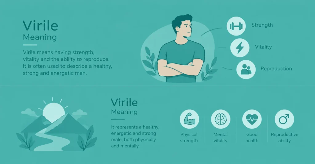 Virile meaning infographic explaining strength, vitality, and reproductive ability, featuring a confident man illustration and icons representing physical strength, good health, mental vitality, and energy on a teal