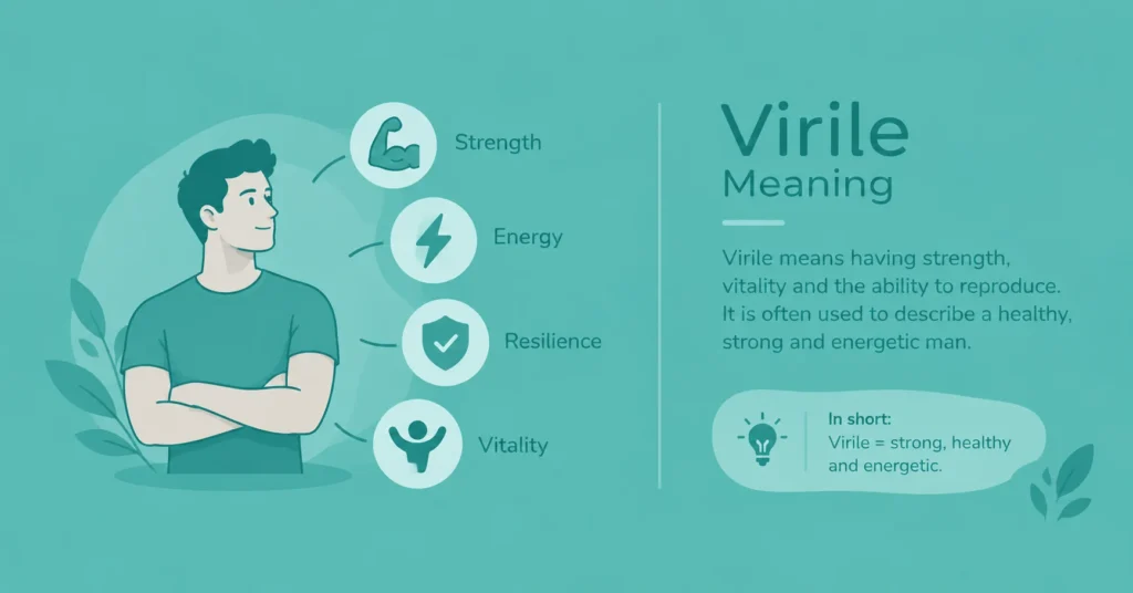 Virile meaning infographic featuring a confident man with icons for strength, energy, resilience, and vitality, alongside a simple definition of virile as strong, healthy, and energetic on a teal