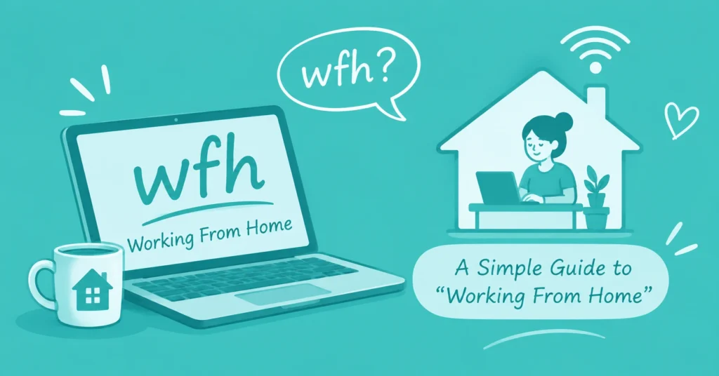 WFH meaning in chat explained with a laptop and “Working From Home” text