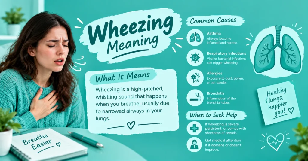 Wheezing meaning infographic explaining wheezing as a high-pitched whistling sound caused by narrowed airways, with common causes and warning signs.