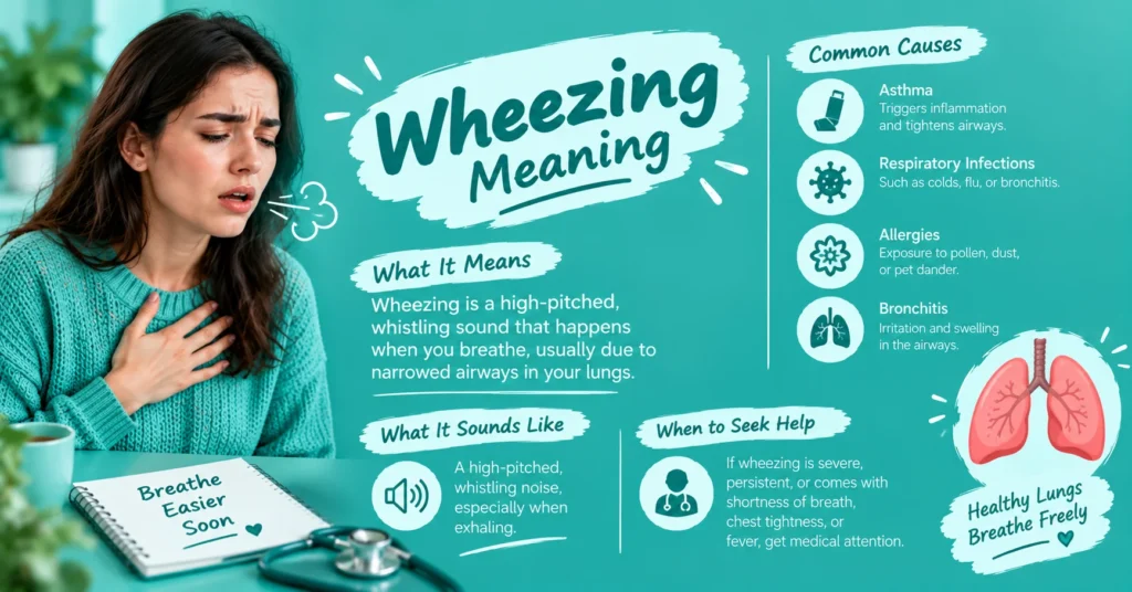 Wheezing meaning health infographic showing symptoms, common causes such as asthma and allergies, breathing sounds, and when to seek medical help.