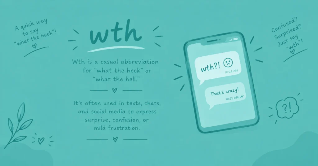 WTH meaning infographic explaining WTH as “what the heck” or “what the hell” for expressing surprise, confusion, or mild frustration