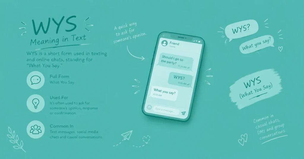 WYS meaning in text infographic explaining “What You Say,” with a smartphone chat example and common texting uses.