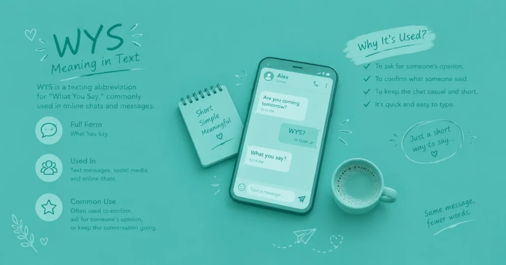 WYS meaning in text infographic showing “What You Say,” a sample text conversation, common uses, and why the abbreviation is used.