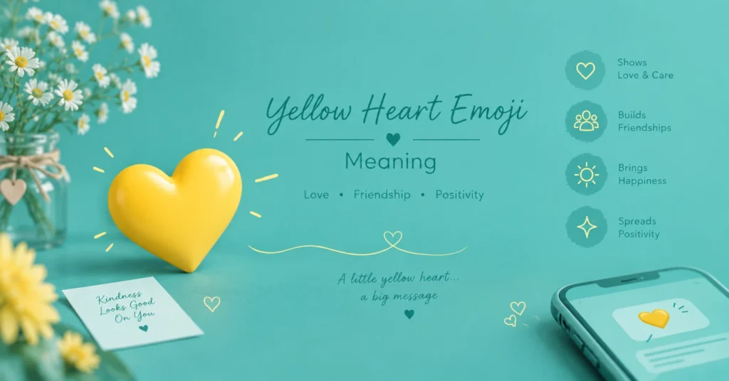 Yellow heart emoji meaning illustrated with a glossy yellow heart on a teal background, representing friendship, happiness, love, and positivity.