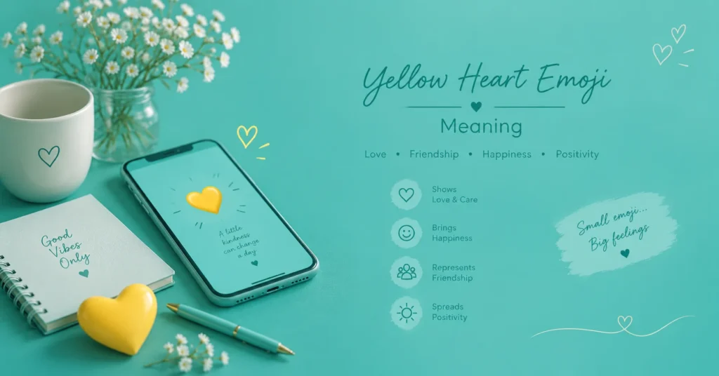 Yellow heart emoji meaning infographic featuring a smartphone, yellow heart, flowers, and notebook on a teal background, symbolizing love, care, friendship, and good vibes.